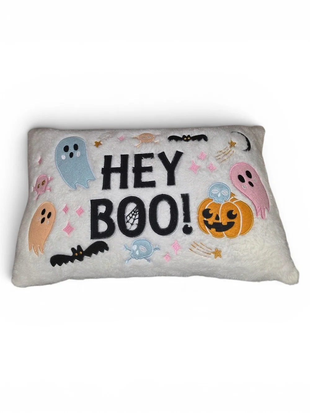 HEY BOO! Halloween Decorative Pillow with Ghosts and Pumpkin